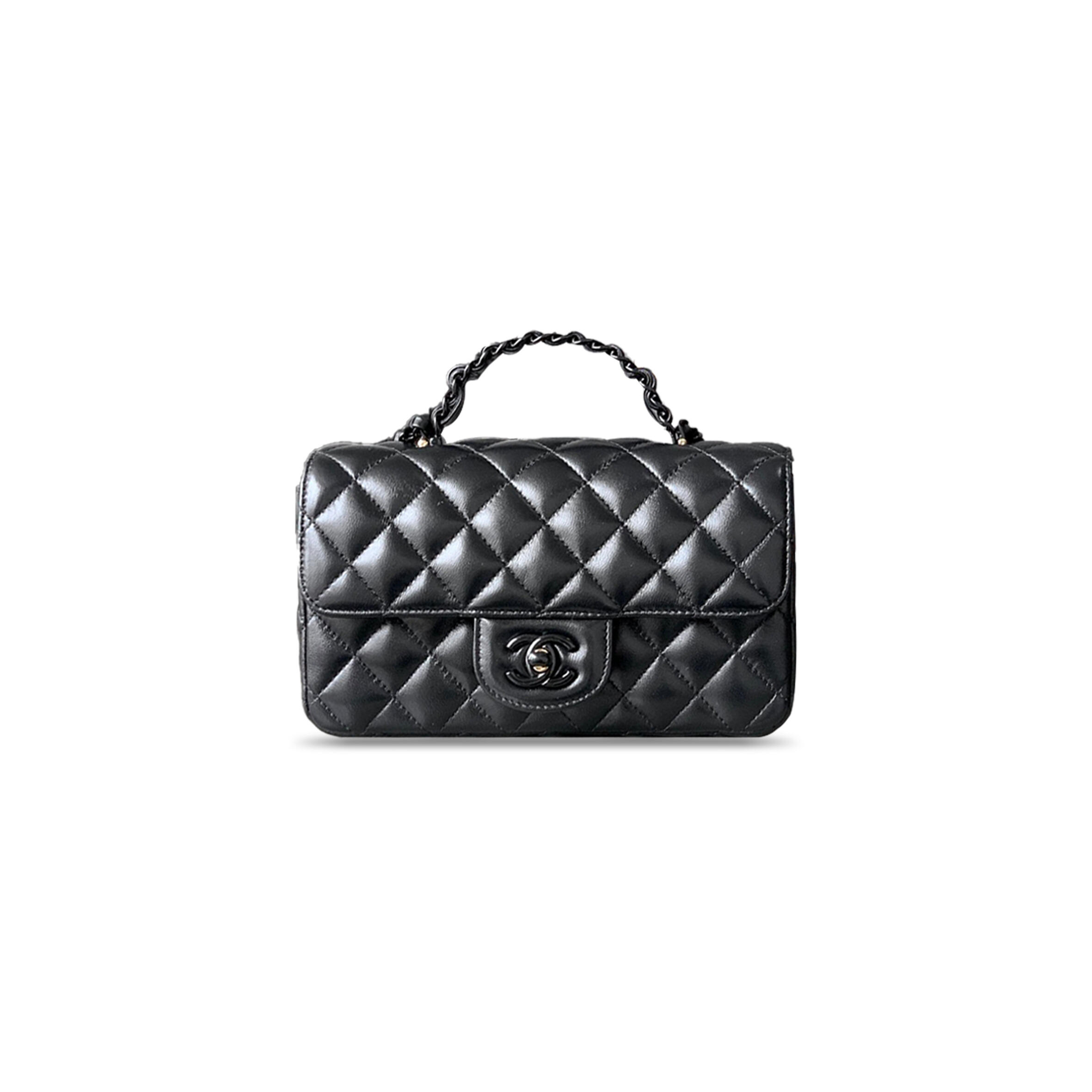 CHANEL MINI LAMBSKIN QUILTED COCO POP TOP HANDLE FLAP BLACK 3695246 (20*12.5*6cm)
